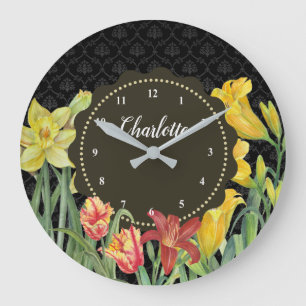 Watercolor Yellow Orange Spring Flowers Damask Große Wanduhr