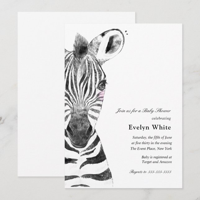 Watercolor Zebra | Einladung zur Babydusche (Vorne/Hinten)