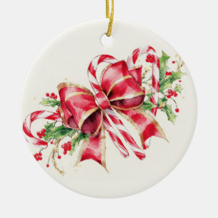 Watercolor-Zuckerstangen-Rotband-Stechpalme Keramik Ornament