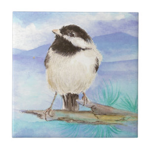 Watercolorchickadee-niedliche wenig Vogel-Kunst Fliese