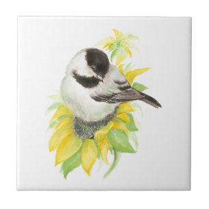 Watercolorchickadee-Sonnenblume-niedliche Fliese