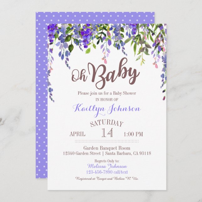 Watercolorlila Wisteria-moderne Baby-Dusche Einladung (Vorne/Hinten)