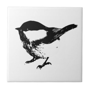 WatercolorSchwarz-weiße Chickadee-Vogel-Tier-Kunst Fliese