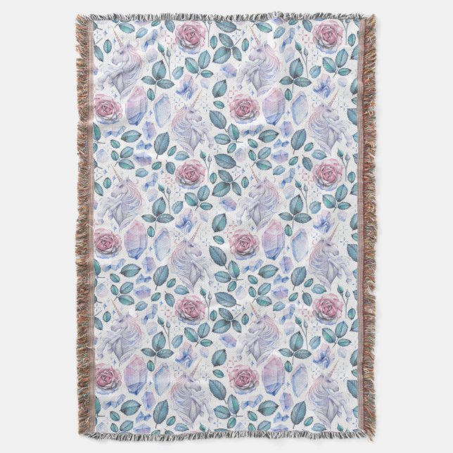 Watercolorunicorn-Kristall-u. Rosen-Muster Decke (Vorderseite Vertikal)