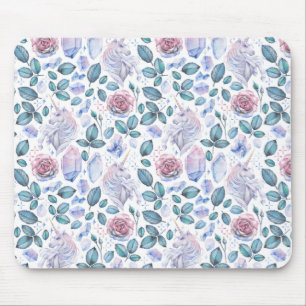 Watercolorunicorn-Kristall-u. Rosen-Muster Mousepad