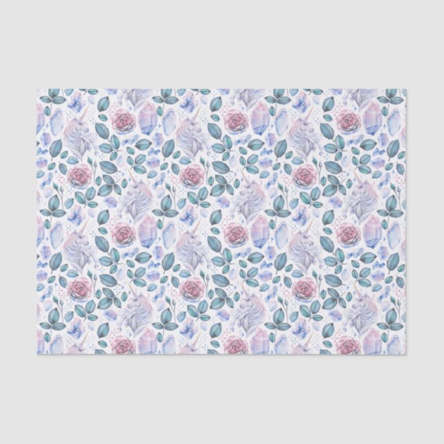 Watercolorunicorn-Kristall-u. Rosen-Muster Seidenpapier (Vorderseite)