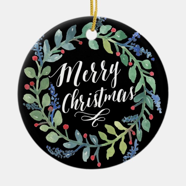 Watercolorwreath-WeihnachtsFoto-Schwarzes Keramik Ornament (Vorne)