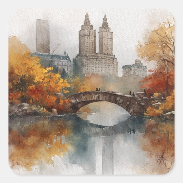 Watercolour Autumn in New York Quadratischer Aufkleber (Vorderseite)