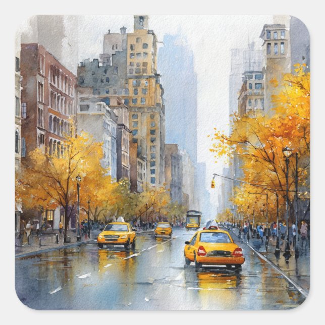Watercolour Autumn in New York Quadratischer Aufkleber (Vorderseite)