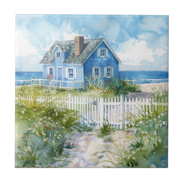 Watercolour Beach Cottage Fliese (Vorderseite)