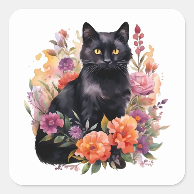 Watercolour Black Cat Quadratischer Aufkleber (Vorderseite)
