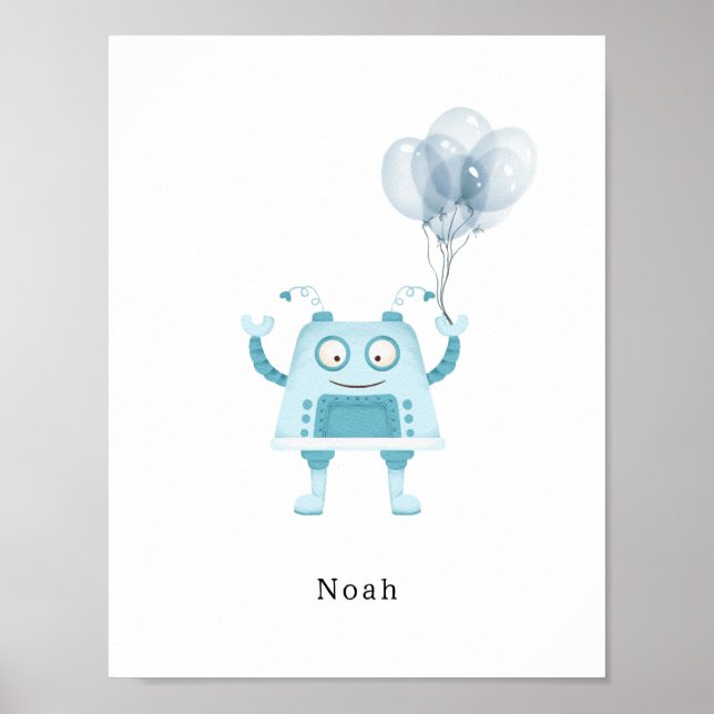 Watercolour Blue Robot With Balloons Name Poster (Vorne)