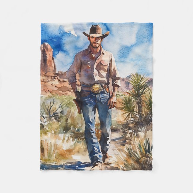 Watercolour Cowboy in Desert Fleecedecke (Vorderseite)