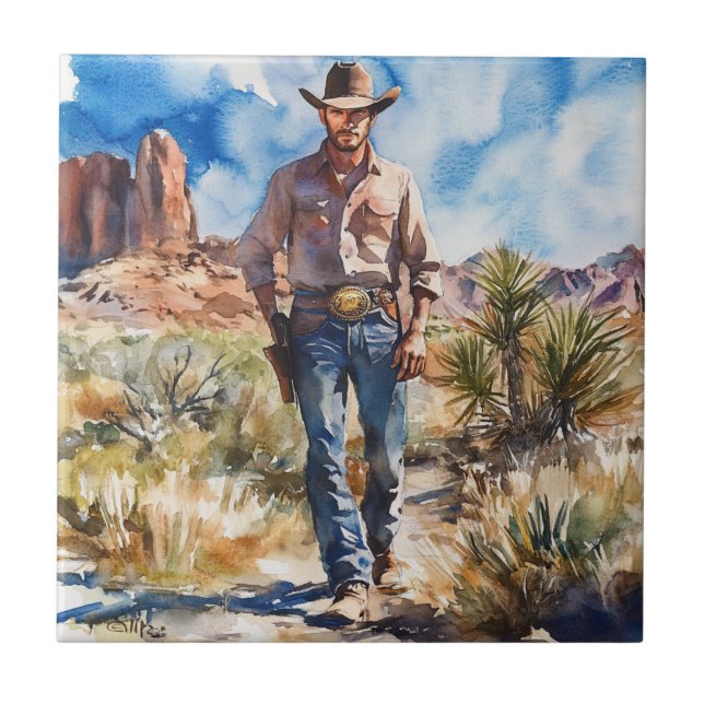 Watercolour Cowboy in Desert Fliese (Vorderseite)