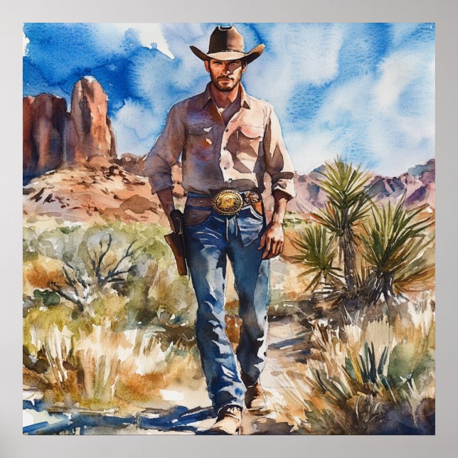 Watercolour Cowboy in Desert Poster (Vorne)