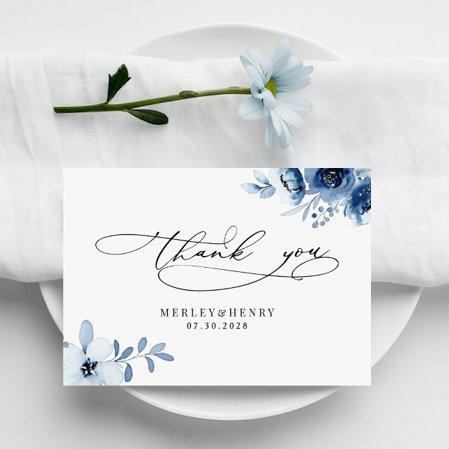 Watercolour Dusty Blue Floral Elegant Wedding Dankeskarte (Von Creator hochgeladen)