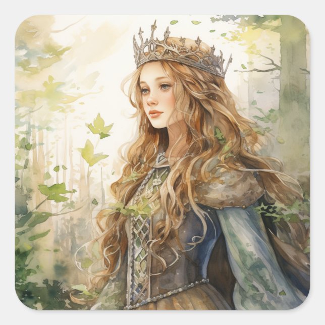 Watercolour Forest Princess Quadratischer Aufkleber (Vorderseite)
