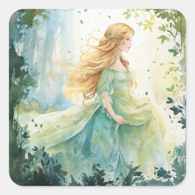 Watercolour Forest Princess Quadratischer Aufkleber (Vorderseite)
