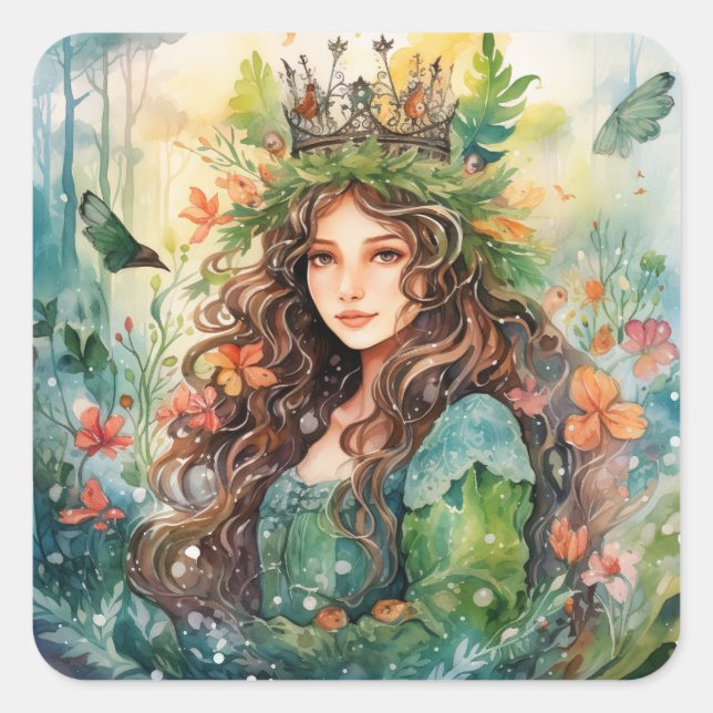 Watercolour Forest Princess Quadratischer Aufkleber (Vorderseite)