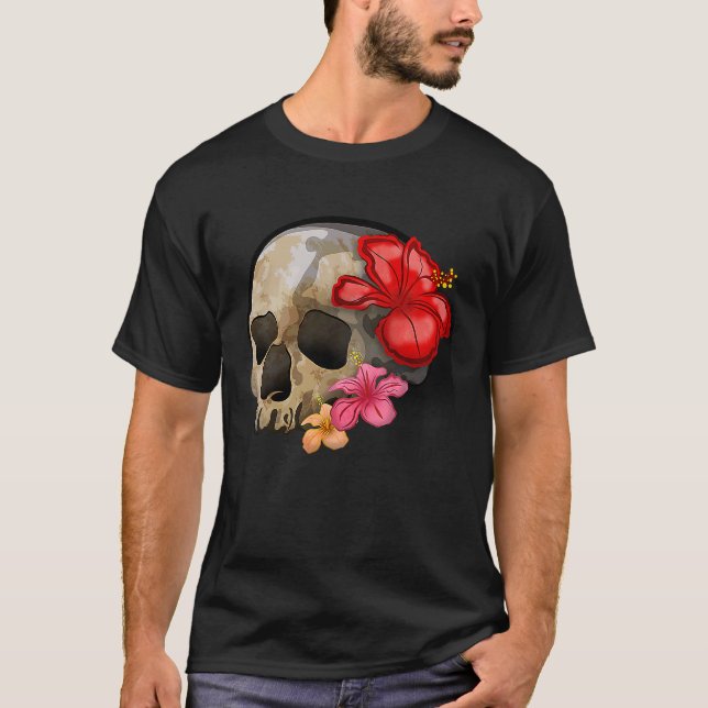 Watercolour hippie gothic skull hibiscus floral Ha T-Shirt (Vorderseite)