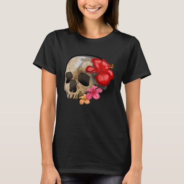 Watercolour hippie gothic skull hibiscus floral Ha T-Shirt (Vorderseite)
