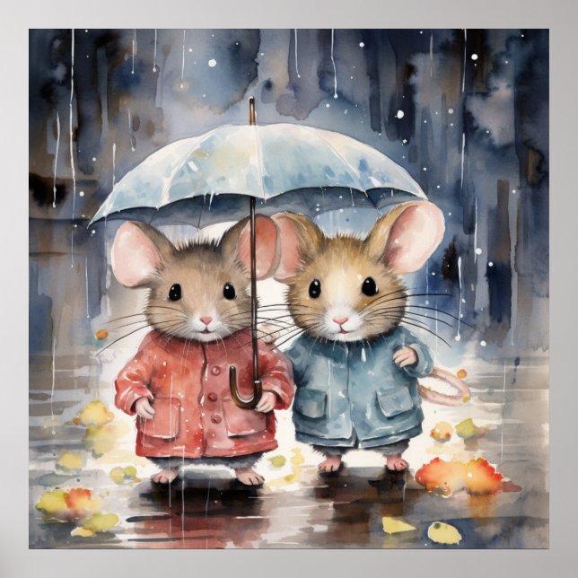 Watercolour Mice in The Rain Poster (Vorne)