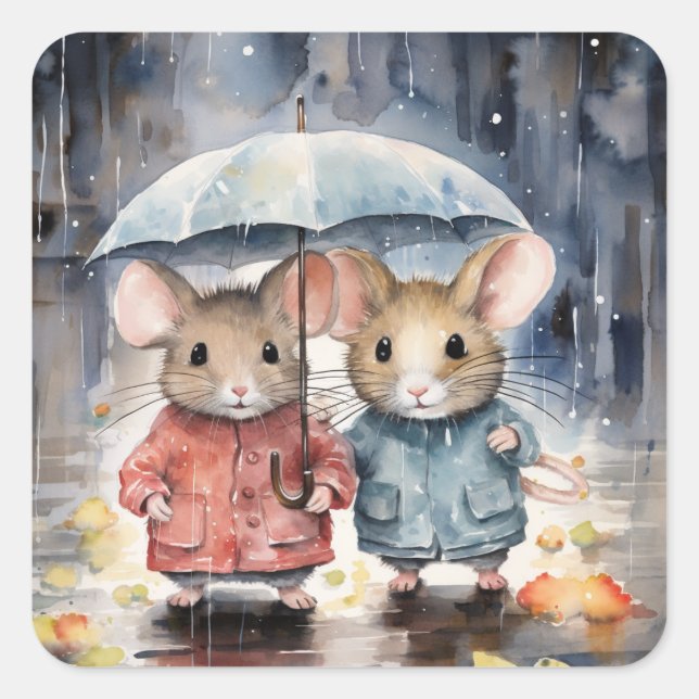 Watercolour Mice in The Rain Quadratischer Aufkleber (Vorderseite)