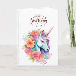Watercolour Unicorn Floral Happy Birthday Card Karte