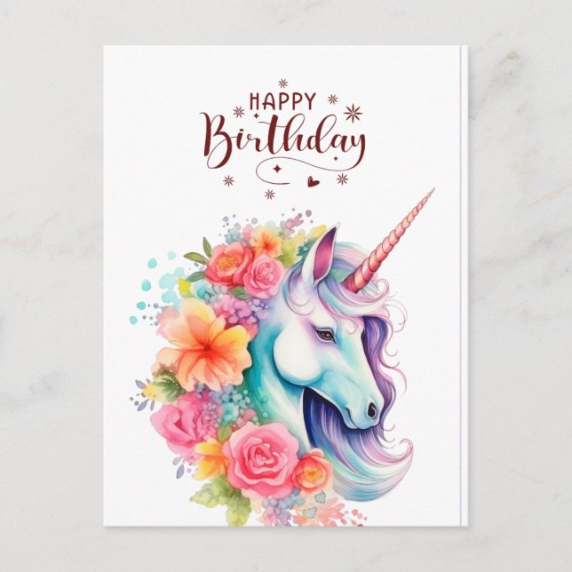Watercolour Unicorn Floral Happy Birthday PostCard Postkarte (Vorderseite)
