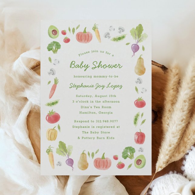 Watercolour Veggies Farmer's Market Baby Shower Einladung (locally grown baby shower invitation with farmer's market theme - watercolour vegetables)