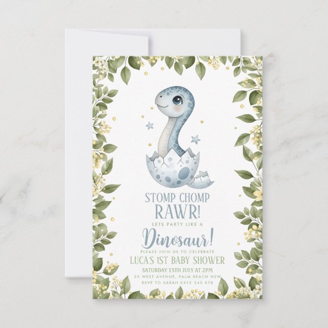 watercolour wildflower Dinosaur Baby Shower Einladung (Vorderseite)