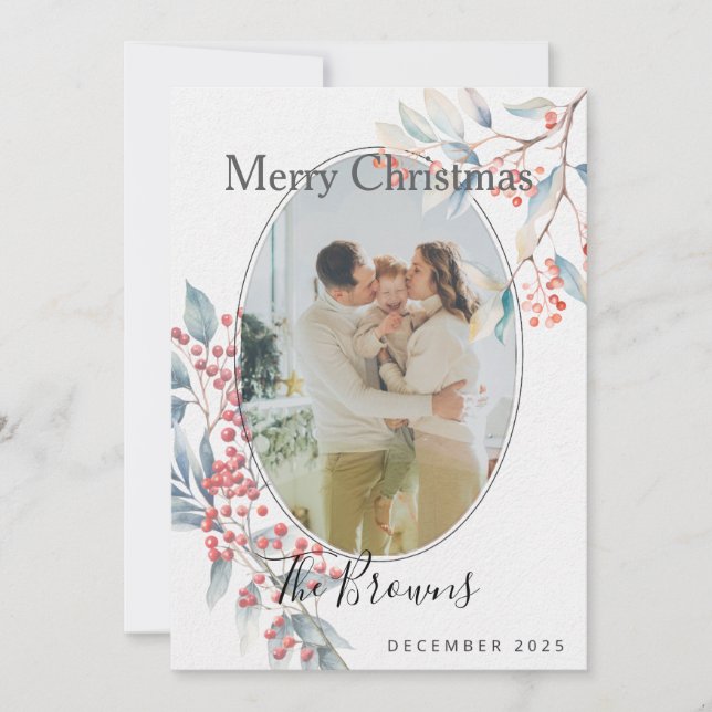 Watercolour Winter Berries Photo Christmas Card Einladung (Vorderseite)