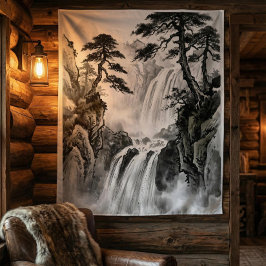 Waterfall Tapestry | Black & White Mountain Art Wandteppich