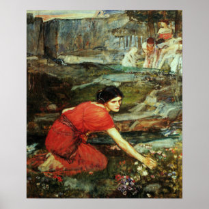 Waterhouse - Mädchen pflücken Blumen an einem Bach Poster