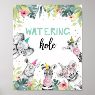 Watering Hole Wild Animal Girl Birthday Table Sign Poster