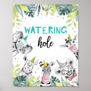 Watering Hole Wild Animals Boy Birthday Table Sign Poster