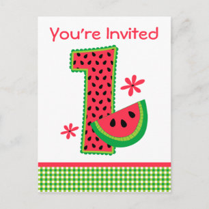 Watermelon 1. Geburtstag Gingham Einladungspostkarte