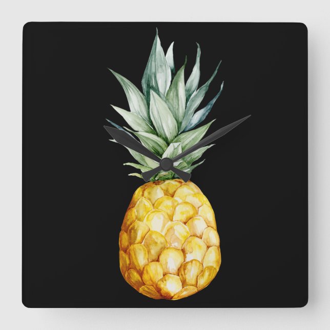 Watermelon Ananas Tropische Früchte Schwarz Grün Quadratische Wanduhr (Vorderseite)