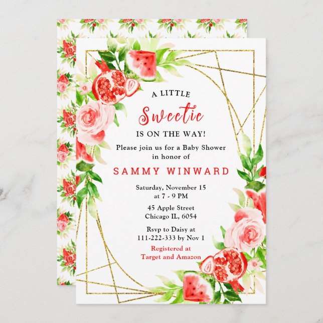 Watermelon and Pomegranate Baby Shower Einladung (Vorne/Hinten)