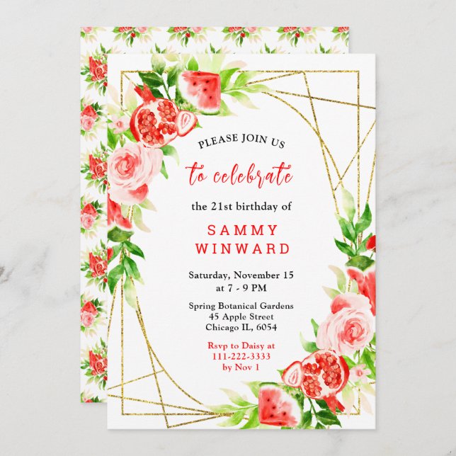 Watermelon and Pomegranate Birthday Einladung (Vorne/Hinten)