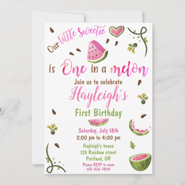 Watermelon birthday invitation One in a melon girl Einladung (Vorderseite)