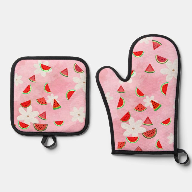 "Watermelon Bloom - Fun Summer Floral Pattern" Ofenhandschuh & Topflappen-Set (Vorderseite)