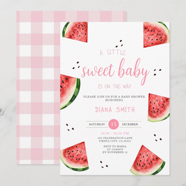 Watermelon Eine kleine süße Pink Gingham Baby Dusc Einladung (Vorne/Hinten)