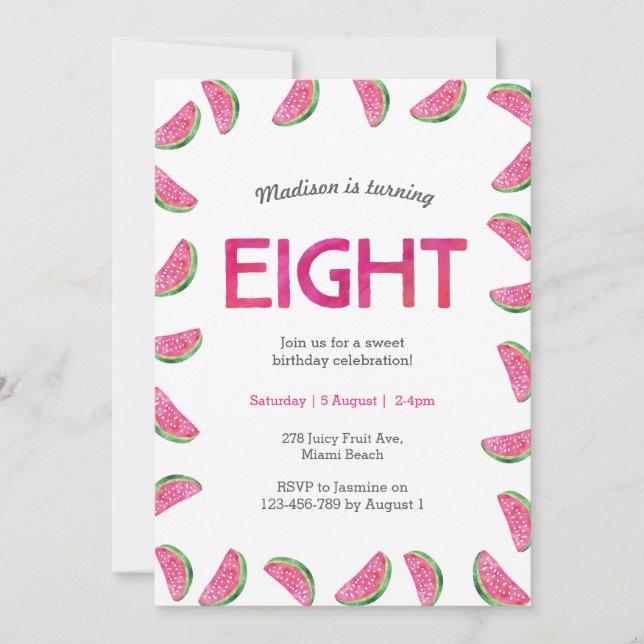 Watermelon Einladung zum 8. Geburtstag (Vorderseite)
