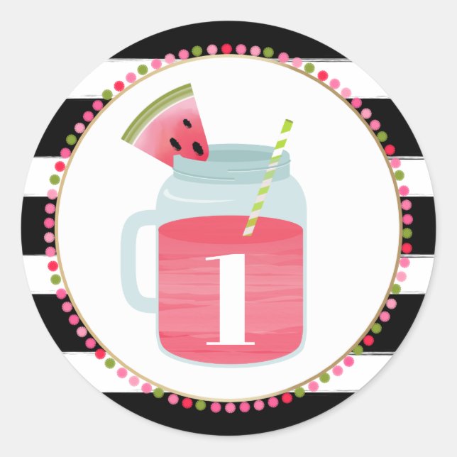 Watermelon Mason Jar Drink Black + White Birthday Runder Aufkleber (Vorderseite)