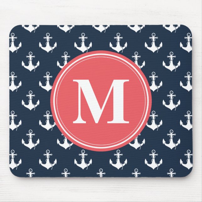 Watermelon Mit Monogramm Navy Blue Anchor Muster Mousepad (Vorne)