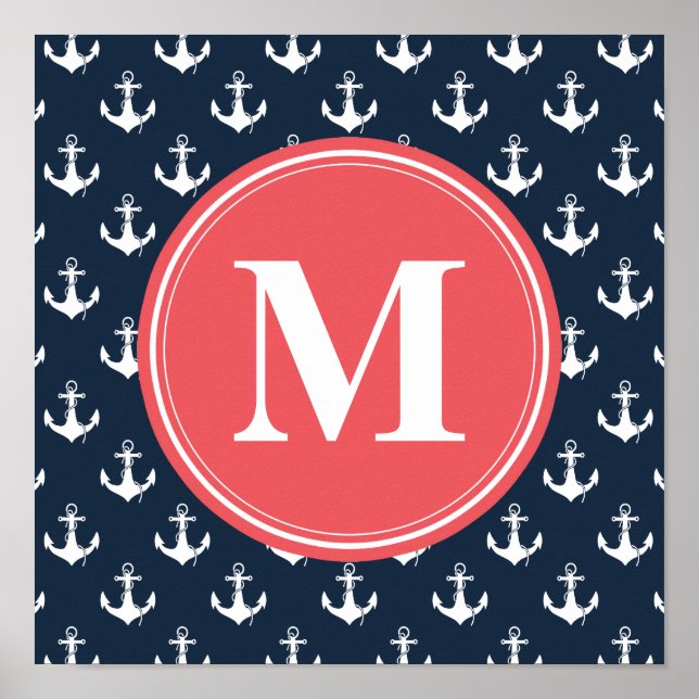 Watermelon Mit Monogramm Navy Blue Anchor Muster Poster (Vorne)