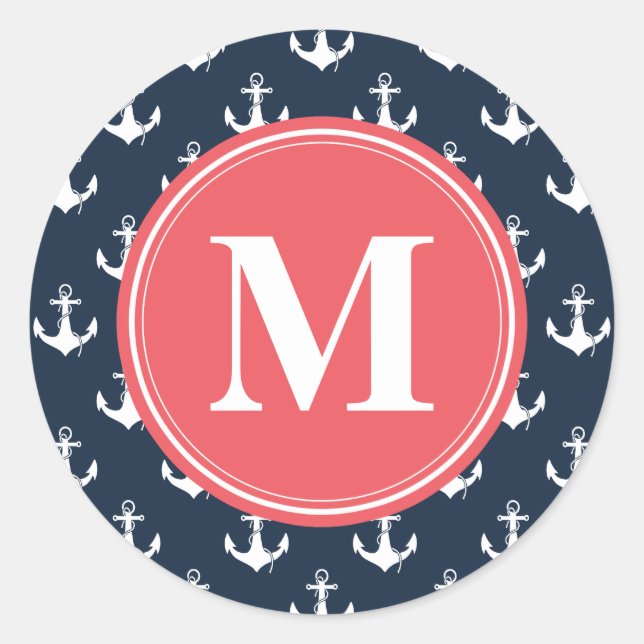 Watermelon Mit Monogramm Navy Blue Anchor Muster Runder Aufkleber (Vorderseite)