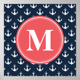 Watermelon Monogrammed Navy Blue Anchor Pattern Poster