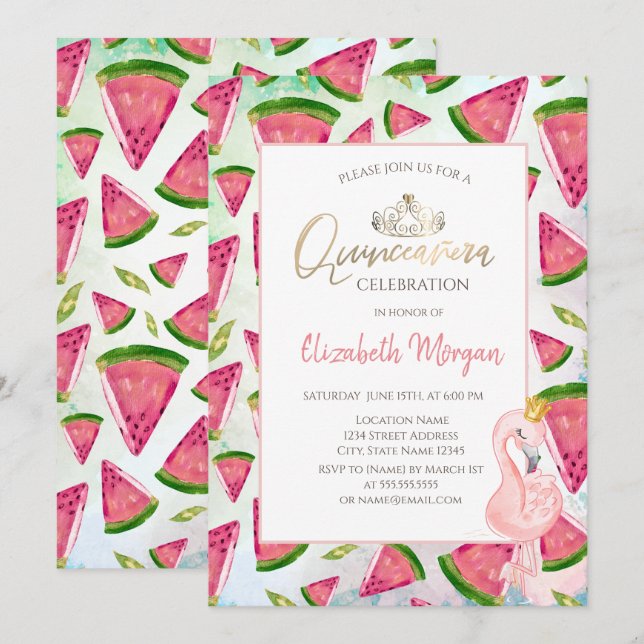 Watermelon Pink Flamingos Quinceañera Einladung (Vorne/Hinten)